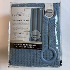 Original Hookless 3-in-1 Waffle Fabric Shower Curtain Set Blue with Bonus Liner